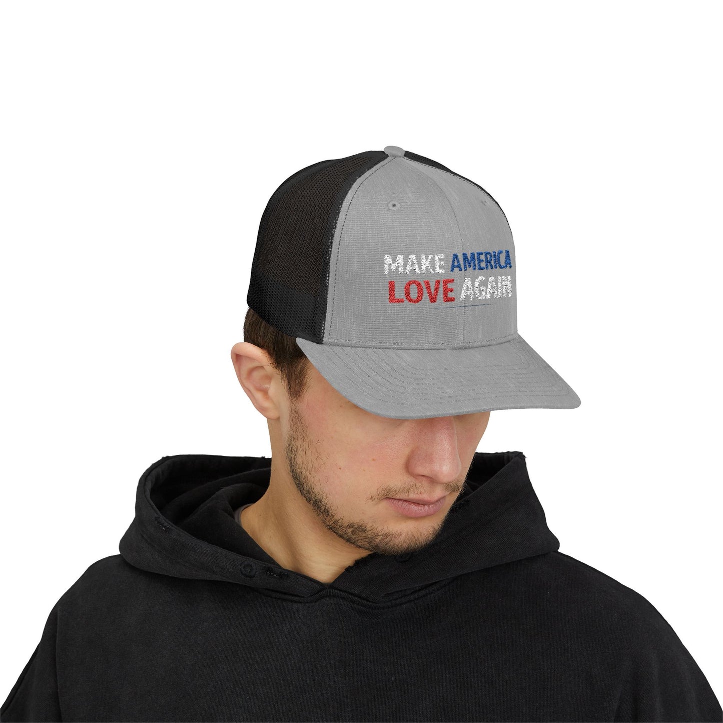 Make America Love Again Trucker Cap – Patriotic Red White Blue Snapback
