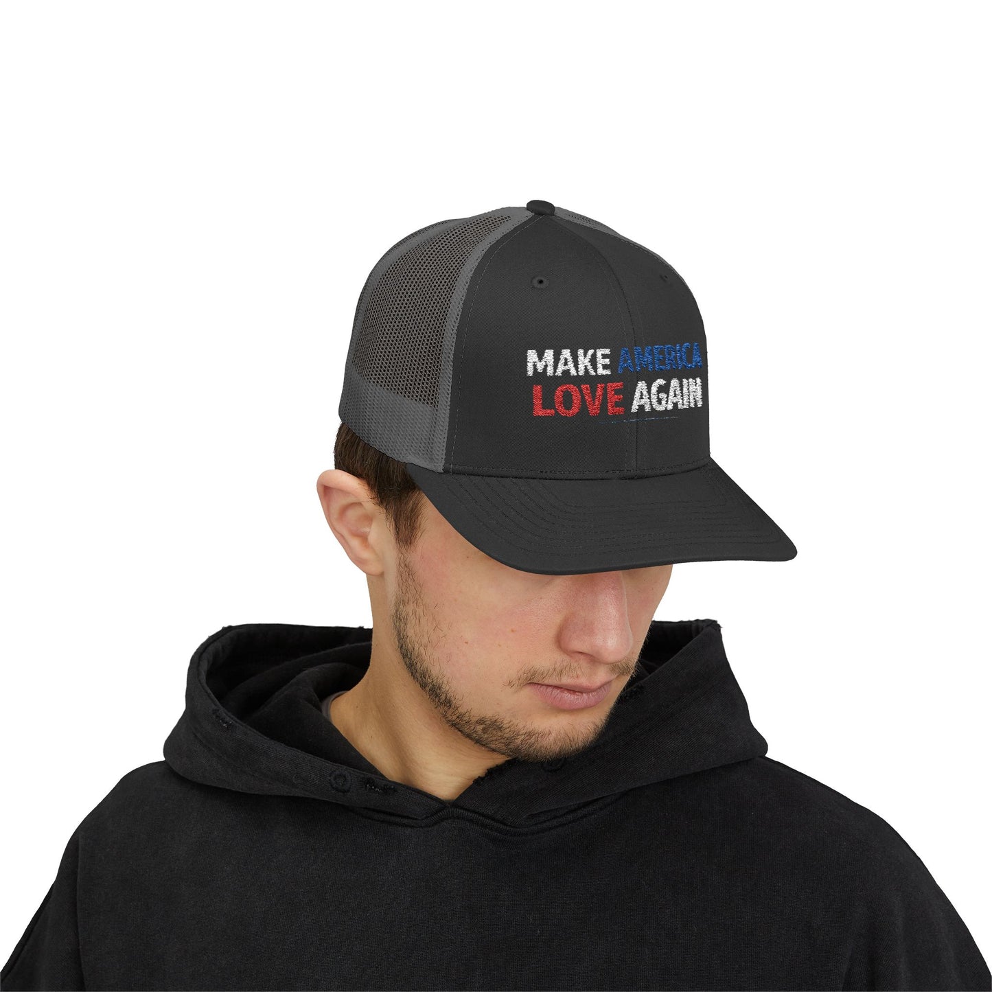 Make America Love Again Trucker Cap – Patriotic Red White Blue Snapback