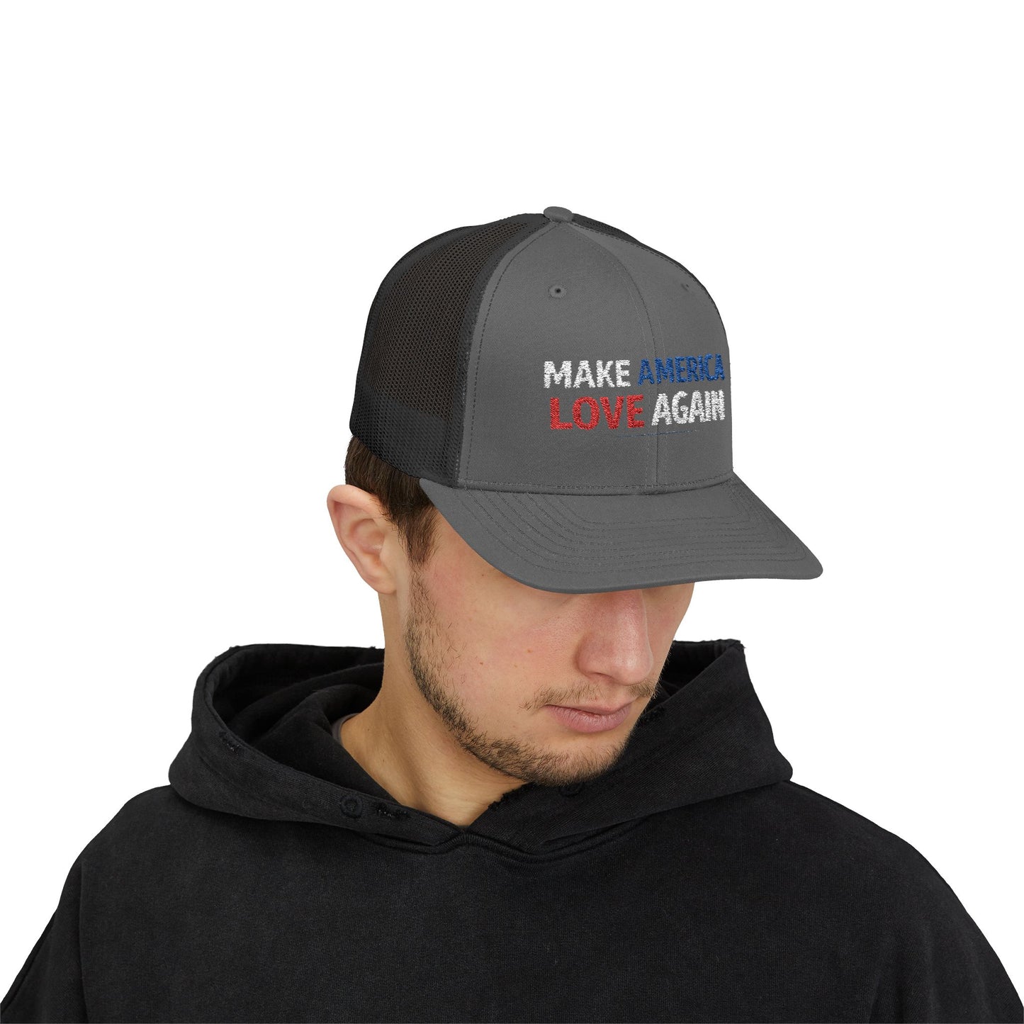 Make America Love Again Trucker Cap – Patriotic Red White Blue Snapback